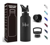 Motswedi Borraccia Termica, 500 ml Senza BPA, Borracce, Bottiglia Acqua Con 6 Cannucce e 2 Coperchi, Borraccia Acciaio, 18/8 Acciaio Inossidabile per Viaggi, Sport - Nero