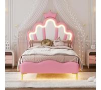 MOTUZP Letto per Bambini Imbottito 90 x 200 cm, letto Singolo con LED, Rete a Doghe e Testiera Regolabile, LETTO a Corona Principessa LETTO per Ragazze Struttura, PU (rosa)