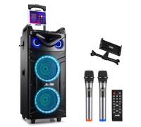 Moukey Casse Karaoke, Sistema PA a doppio woofer con 2 Microfoni wireless, Luci da discoteca, Regolazione di eco/alti/bassi, Altoparlante portatile Bluetooth Supporto TWS/REC/AUX/MP3/USB/TF/FM