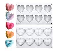 Moule à gâteau en forme de cœur, Moule en silicone en forme de cœur à motif diamant 3D, 8 cavités, Moule en silicone pour chocolat, gâteau au fromage, mousse, chocolat, glaçons (Bianco)