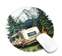 Mountain Adventure - Tappetino per mouse per camper, scena di falò e foresta, naturale, antiscivolo, lavabile, per appassionati di attività all'aperto e casa, rotondo, 20 x 20 cm
