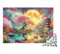 Mountain And River Flowers Puzzle da 1000 Pezzi per il Tempo Libero per Adulti Ciliegi in Fiore Sotto la Luna Piena Splendente Premium Spesso Robusto Alta Qualità Sfidante Antistress 52x38cm/1000pcs