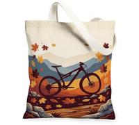 Mountain Bicycles Autumn Landscape Illustration Canvas Tote Bag 33 x 38 cm | Silhouette di montagna, foglie d'acero, fogliame autunnale, avventura all'aperto, paesaggio scenico, estetica della natura