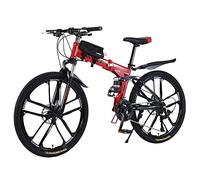 Mountain bike pieghevole da 26 pollici, con doppio assorbimento degli urti, telaio in fibra di carbonio con borsa per bicicletta, freni a disco, bici a sospensione completa perfetta (rosso)
