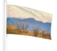 Mountain Flag 3x5 FT Floral Nature Pink Flower Field Grass Trees at Sunset Outdoor Flags Large Welcome Yard Banners Home Garden Yard Lawn Decor