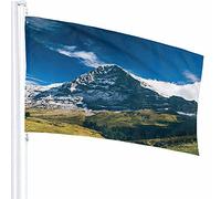 Mountain Flag Decor 3x5 Ft Nuvole Erba Cielo Paesaggio Prato Erba Neve Albero Pianta Ecologia Collina Poliestere Motivo stampato Decorazioni per esterni per case e giardini