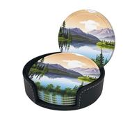 Mountain Lake View Sunny Day Nature Print - Confezione da 6 sottobicchieri rotondi in pelle sintetica in poliuretano con scatola portaoggetti, facili da pulire, resistenti alle macchie di calore, per