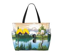Mountain Lake View Sunny Day Nature Print Large Waterproof Beach Tote Bag per le donne con zip e tasche borsa pieghevole per viaggi, piscina, shopping, vacanze, palestra