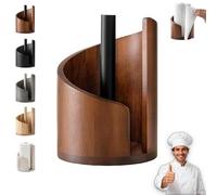 Mountain Paper Towel Holder Countertop With Mango Wood, Round Base And Iron Holder, Easy One-Handed Operation For Kitchen Bathroom (Black)