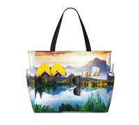 Mountain View Sunny Day Nature Print Large Waterproof Beach Tote Bag per le donne con zip e tasche borsa pieghevole per viaggi, piscina, shopping, vacanze, palestra
