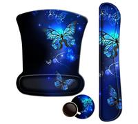 Mouse Pad with Wrist Support and Keyboard Wrist Rest Pad Set,Ergonomic Mouse Pads for Computers Laptop,Non Slip Comfortable Mousepad Raised Memory Foam for Easy Typing Pain Relief, Blue Butterfly