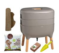 Moutta | Urbalive 2 vassoi Grigio, Kit Completo I Vermicompostaggio Design I 250g di Vermi Lombrichi / 500 pz. I Substrato Iniziale I Stuoia di Canapa + Pala I Interno, Balcone e Giardino