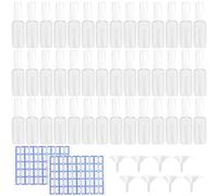 MOUYAT 50 flaconi spray trasparenti da 60 ml, in plastica, con imbuti ed etichette, ricaricabili in plastica, per oli essenziali, profumi, acque floreali