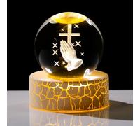 Movdyka Croce in cristallo 3D con mani in preghiera, statua sfera da 6 cm, regalo cristiano per donne e uomini, sfera religiosa in vetro per stanza con luce calda, crocifisso cattolico, regali