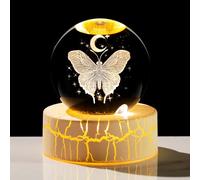 Movdyka Farfalla in cristallo 3D con luna 6 cm, palla da stregoneria, regalo per donne, sfera da collezione in vetro con base di luce calda, per ragazze amanti delle farfalle per compleanno ornamenti