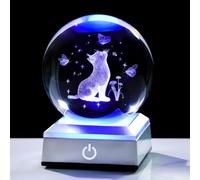 Movdyka Gatto e farfalla in cristallo 3D 8 cm palla statuetta regalo per donne ornamenti per camera con base di luce LED ricordi per gli amanti dei gatti decorazione domestica fermacarte in vetro