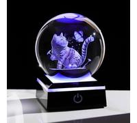 Movdyka Gatto e farfalla in cristallo 3D palla 8 cm decorativo in vetro ornamenti per camera con luci LED regali per le donne