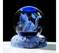 Movdyka Pallina di cristallo 3D a forma di gatto e farfalla, idea regalo per donne, 6 cm. Sfera decorativa per la stanza con luci a LED base ricordi per gli amanti dei gatti decorazione per la casa