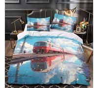 Movimento del treno rosso Set Di Copripiumino Set di biancheria da letto morbida stampa 3D con federe per cuscini Scena ferroviaria anime copripiumino for bambini e ragazze Single（135x200cm）