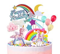 MOVINPE Unicorn Cake Topper, 2 Magic Unicorns Sculpture, 1 Rainbow, 1 Happy Birthday Banner, 2 Cloud, 4 Balloon, 12 Stars, 1 Moon, Cake Decoration For Girl Kid Women Birthday Party