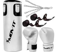 MOVIT Set Sacco da Boxe - 25kg, in PVC, Riempito, Altezza Sacco 80cm, Guantoni da Boxe, Bende, per Adulto, Nero o Bianco - Kit Pugilato, Allenamento Arti Marziali, Kick Boxing, MMA, Fitness