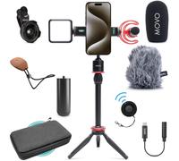 Movo iVlog1-IP Vlogging Kit per iPhone 15/16/17 e versioni successive, compatibile con USB-C, con microfono Shotgun, mini treppiede, luce LED, obiettivo grandangolare, adattatore USB C, VXR10-PRO