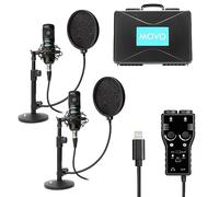 Movo - Kit microfono per registrazione Podcast per smartphone, 2 microfoni a condensatore, 2 supporti per microfono da tavolo, interfaccia XLR a 2 canali con uscita fulmine, compatibile con iPhone
