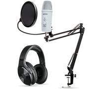 Movo Kit per podcast con microfono da tavolo con cuffie da studio, supporto e scudo per microfono, USB-C Android e microfono per computer per streaming e podcast, cuffie over-ear cablate per ingresso