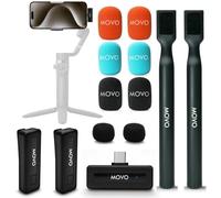 Movo Mini microfoni lavalier wireless UC Duo Dual ultra compatti per iPhone 15 con adattatore portatile, microfono da bavero con supporto per maniglia per creatori di contenuti, interviste, reporting