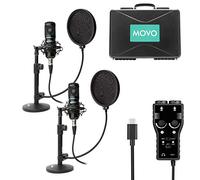 Movo Podcast Kit di registrazione per smartphone, 2 microfoni a condensatore, 2 supporti per microfono da tavolo, 2 filtri pop, interfaccia XLR a 2 canali con uscita USB TypeC compatibile con