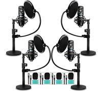 Movo Set di 4 microfoni universali XLR per podcast, include 4 microfoni a condensatore cardioide, supporti per microfono da scrivania, filtri pop, supporti antiurto e cavi per zoom, laptop, telefono,