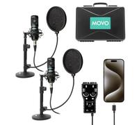 Movo Set di apparecchiature per podcast USB-C per iPhone 15, confezione da 2 microfoni a condensatore, 2 supporti per microfono desktop, 2 filtri pop, interfaccia XLR a 2 canali, compatibile con