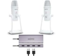 Movo Set di apparecchiature per podcast USB per 2 - Interfaccia USB con 2 microfoni a condensatore UM700 - Hub alimentato a 4 porte per streaming, podcasting, interviste (bianco)