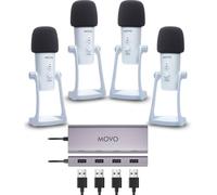 Movo Set di apparecchiature per podcast USB per 4 - Interfaccia USB con 4 microfoni a condensatore UM700 - Hub alimentato a 4 porte per streaming, podcasting, interviste (bianco)