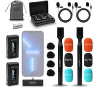 Movo WMX-2-L-Duo - Microfono lavalier wireless doppio per dispositivi iPhone/Lightning con adattatore portatile WMX-HM, microfono da bavero con supporto per maniglia, per creatori di contenuti,