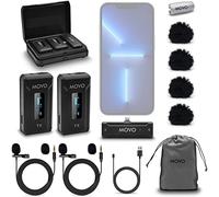Movo WMX-2-L-DUO Microfono Lavalier Wireless Doppio per iPhone con Custodia di Ricarica, Microfoni a Bordo, Microfoni a Clip-on Lapel, Batteria 7HR, Portata 328', Guadagno Regolabile - iPhone
