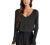 Movocaty Maglietta Donna Manica Lunga Scollo a V Nero - Top Premium Morbido, T-Shirt Elastica Comoda per Abbinamenti a Strati