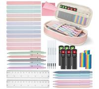 MOWETOO 41 pezzi per articoli scolastici con astuccio, 12 evidenziatori pastello, 5 penne in gel nere, 6 portamine, set cancelleria per studenti