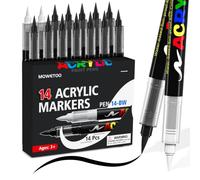 MOWETOO Pennarelli Acrilici 12 Nero + 2 Bianco，Acrylic Marker con punta a pennello 1 mm-6mm，Pennarelli per Legno, Ceramica, Vetro, Sassi e Tela,Regalo Compleanno Bambino Bimbi