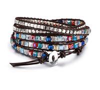 MOWOM Bracciali A Strati per Donna Uomo Bracciale in Corda di Cuoio Genuino Polsino Abbagliante Cristallo di Pietra Preziosa Stile Bohémien Intrecciato 5 Avvolgimenti Gioielli Fatti A Mano Regolabili