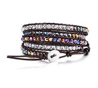 MOWOM Bracciali A Strati per Donna Uomo Bracciale in Corda di Cuoio Genuino Polsino Abbagliante Cristallo di Pietra Preziosa Stile Bohémien Intrecciato 5 Avvolgimenti Gioielli Fatti A Mano Regolabili