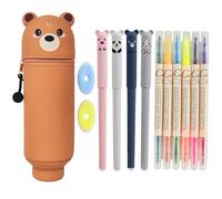 Mowtential 13 PCS Astuccio 2 in 1 in Silicone Morbido Set, Astuccio Portatile con Cordino, Impermeabile, Facile da Pulire, Portapenne da Tavolo, Pratico Regalo Scolastico per Bambini (Orso)