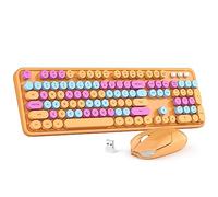 MOWUX - Set tastiera e mouse wireless multicolore, 2,4 G, Plug and Play, tastiera e mouse wireless per Windows, computer, desktop, PC, notebook, arancione colorato