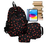 Moxeupon Zaino per la scuola per ragazze, per la scuola, set di zaini, borsa a tracolla, zaino alla fragola, per attività all'aperto, asilo, gite di un giorno, campeggio, Nero, Siehe Beschreibung