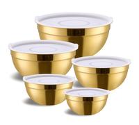 Moxinox Set di 5 ciotole dorate con coperchi ermetici, ciotole in acciaio inox, ideali per cuocere, preparare e servire alimenti, dimensioni 5,5, 3,6, 2,7, 2,1, 1,5, QT, design impilabile