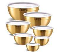 Moxinox Set di 7 ciotole dorate con coperchi ermetici, in acciaio inox, ideali per cuocere, preparare e servire alimenti, dimensioni 7, 3,6, 2,7, 2,1, 1,5, 1,1, 0,8 QT, design impilabile