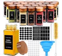 MOYKSRR Barattoli Spezie, 24pcs 120ml Barattoli Portaspezie Quadrato con Coperchi in Legna, Vasetti Portaspezie Vetro, Contenitori Spezie per Cucina con Setaccio,Etichette,Spazzola, Lmbuto