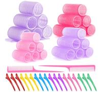 MOYKSRR Set di 44 bigodini, 18 clip in plastica (3 in ciascuno dei sei colori), 2 pettini (rosa)