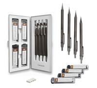 MozArt Supplies Set Matite Portamine con Custodia - 4 Dimensioni: 0.3, 0.5, 0.7 e 0.9 mm - 30 x 4 Mine di Ricambio HB e 4 Gomme - Per Disegni, Bozze, Schizzi, Progetti Professionali e Scolastici