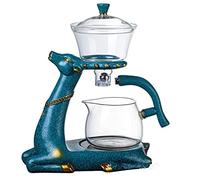 Mozeo Set da tè in vetro kungfu resistente al calore con riscaldatore, per attirare l'acqua e la deviazione dell'acqua con coperchio girevole, teiera in vetro semi-automatica con cervo (cervo blu